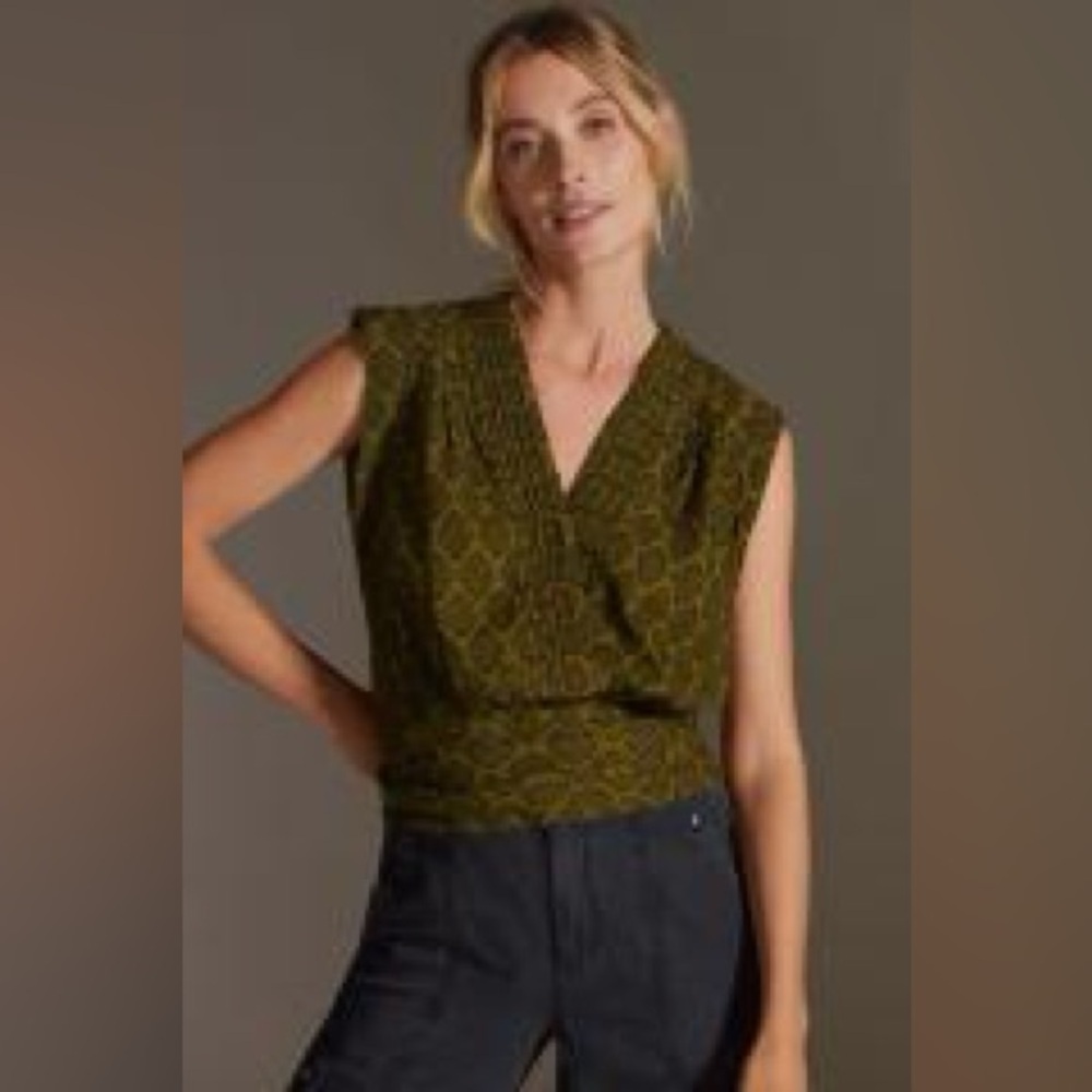 Anthropologie Olive Green Patterned Sleeveless Blouse